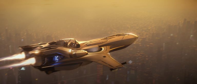 A futuristic Star Citizen spaceship soaring above a city.