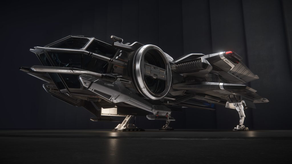 A dark room showcases a dynamic Star Citizen vehicle.