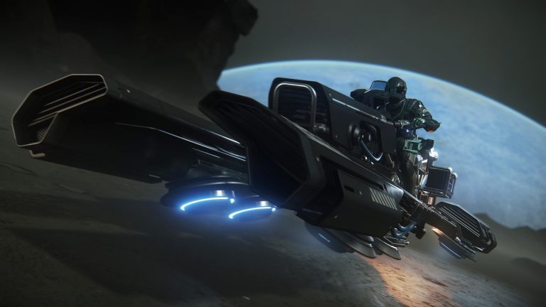 A man riding a motorcycle through the stars in Star Citizen.