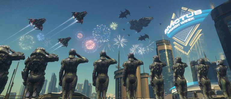 A group of people standing in front of a city enjoying fireworks in Star Citizen.