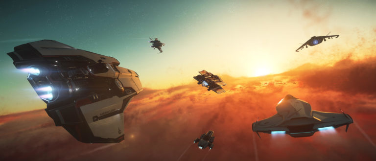 Star Citizen showcases a fleet of spaceships soaring through the sky.