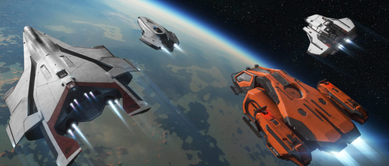 A fleet of Star Citizen spaceships soaring through the cosmos.