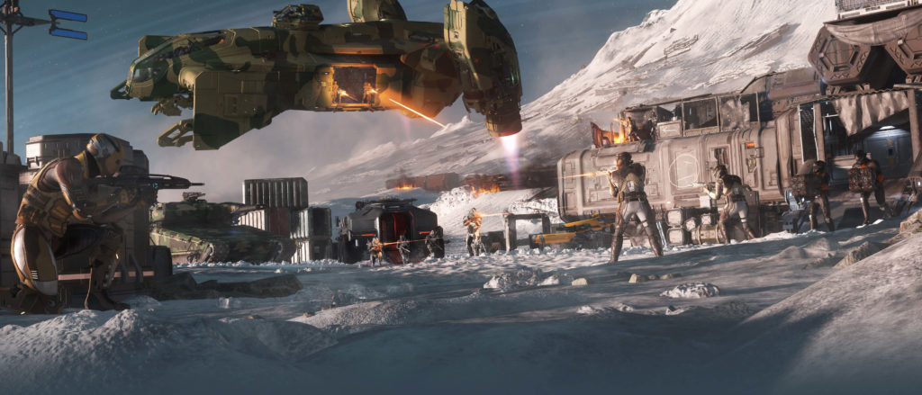 A scene from Star Citizen featuring a group of soldiers in a snowy area.