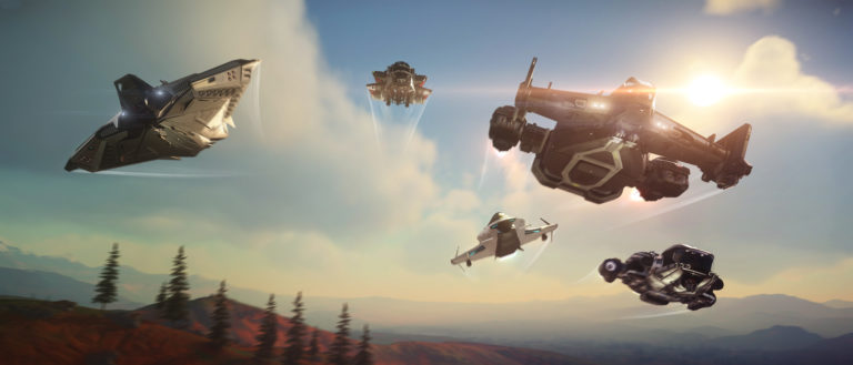 A fleet of Star Citizen spaceships soaring through the sky.