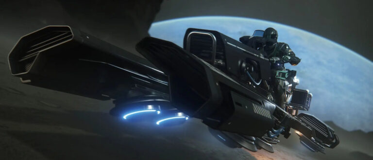 A man riding a motorcycle in Star Citizen.