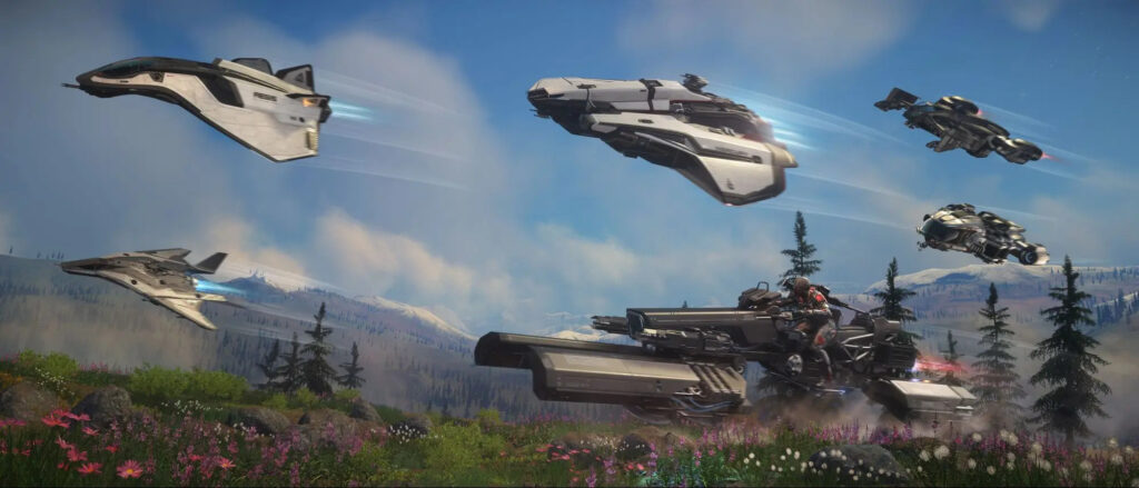 Star Citizen: Spaceships flying over a field of flowers.