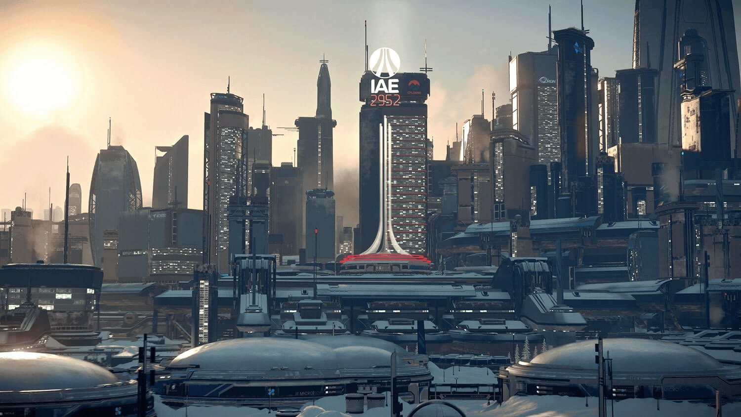 An image of a futuristic city in the snow inspired by Star Citizen.