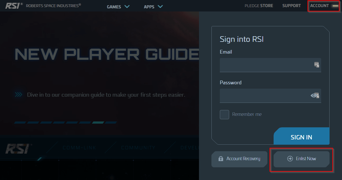 Star Citizen website log in page