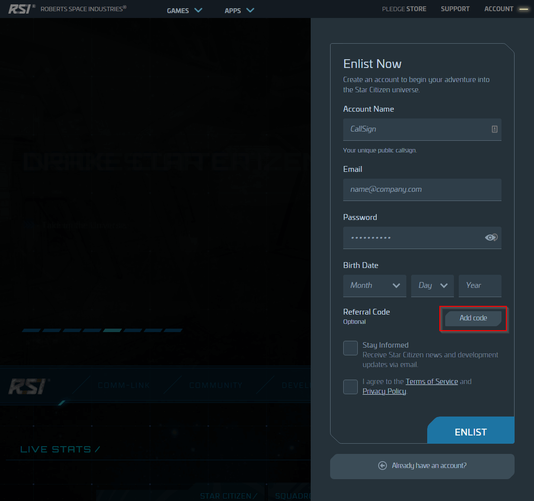 Star Citizen website registration page field to add a referral code