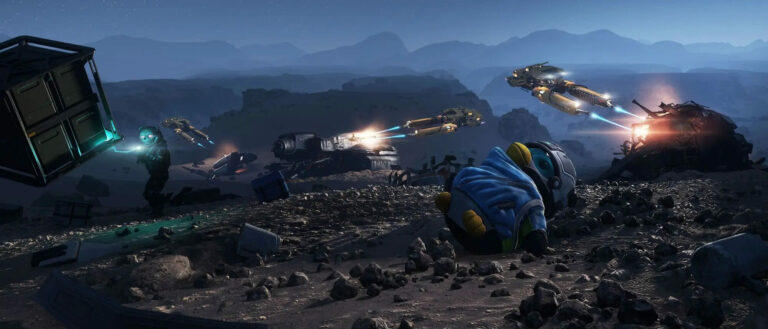 A screenshot of the Star Citizen video game featuring a spaceship in the background.