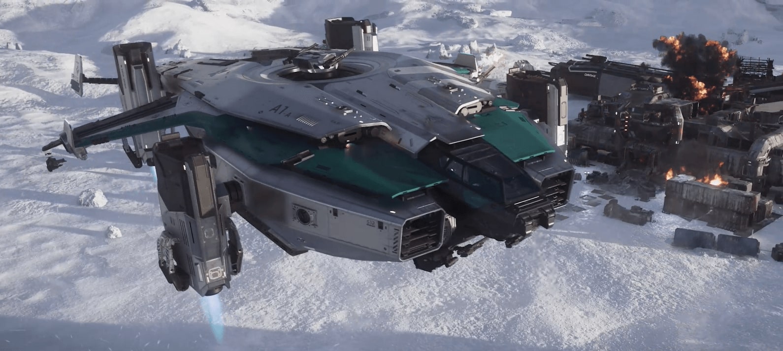 A futuristic spaceship exploring a snowy landscape in Star Citizen.