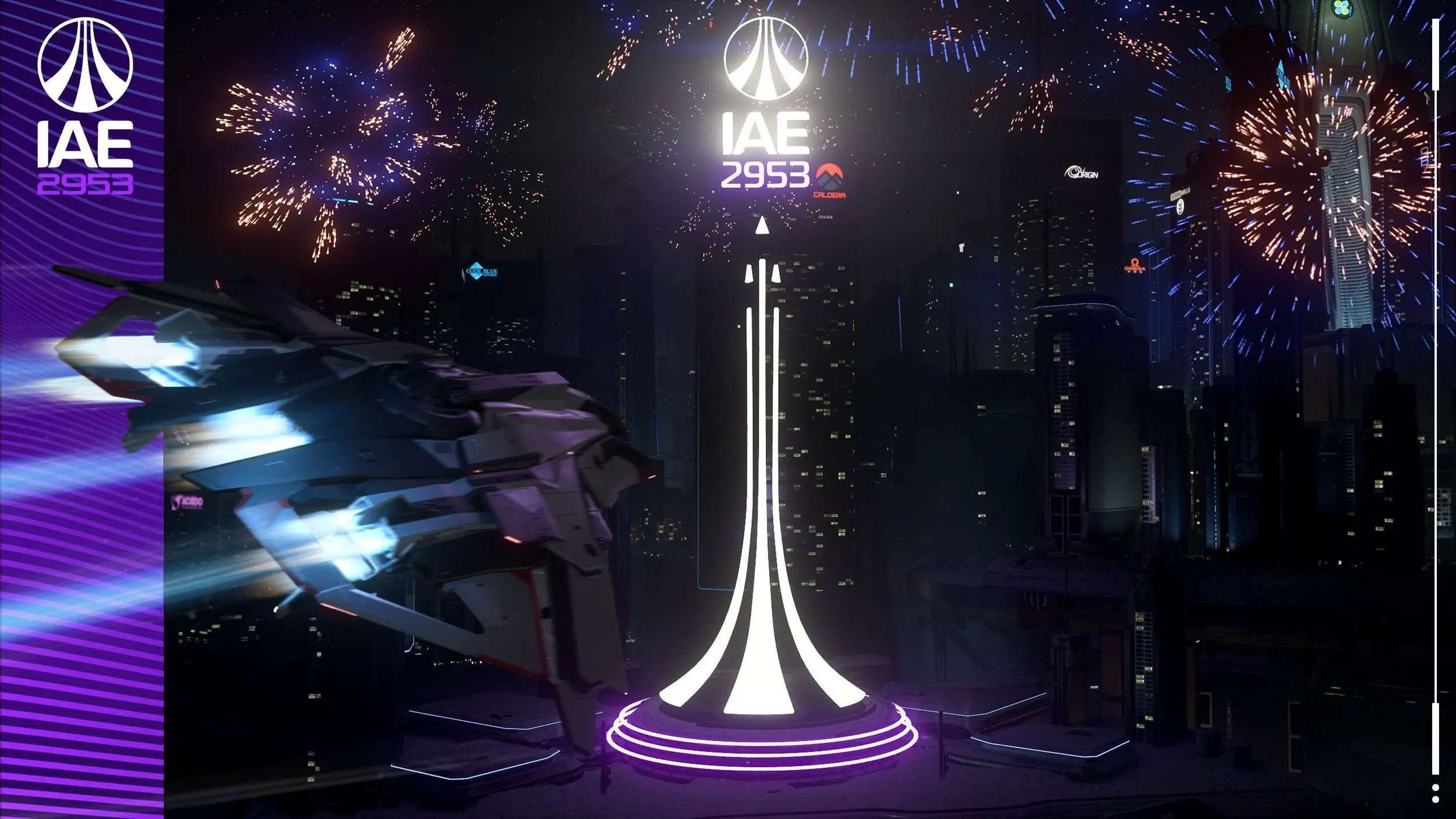 A futuristic city with a spaceship, offering free fireworks displays and a limited-time free-to-play experience from Nov 17 to 30 as part of the IAE 2953 event.