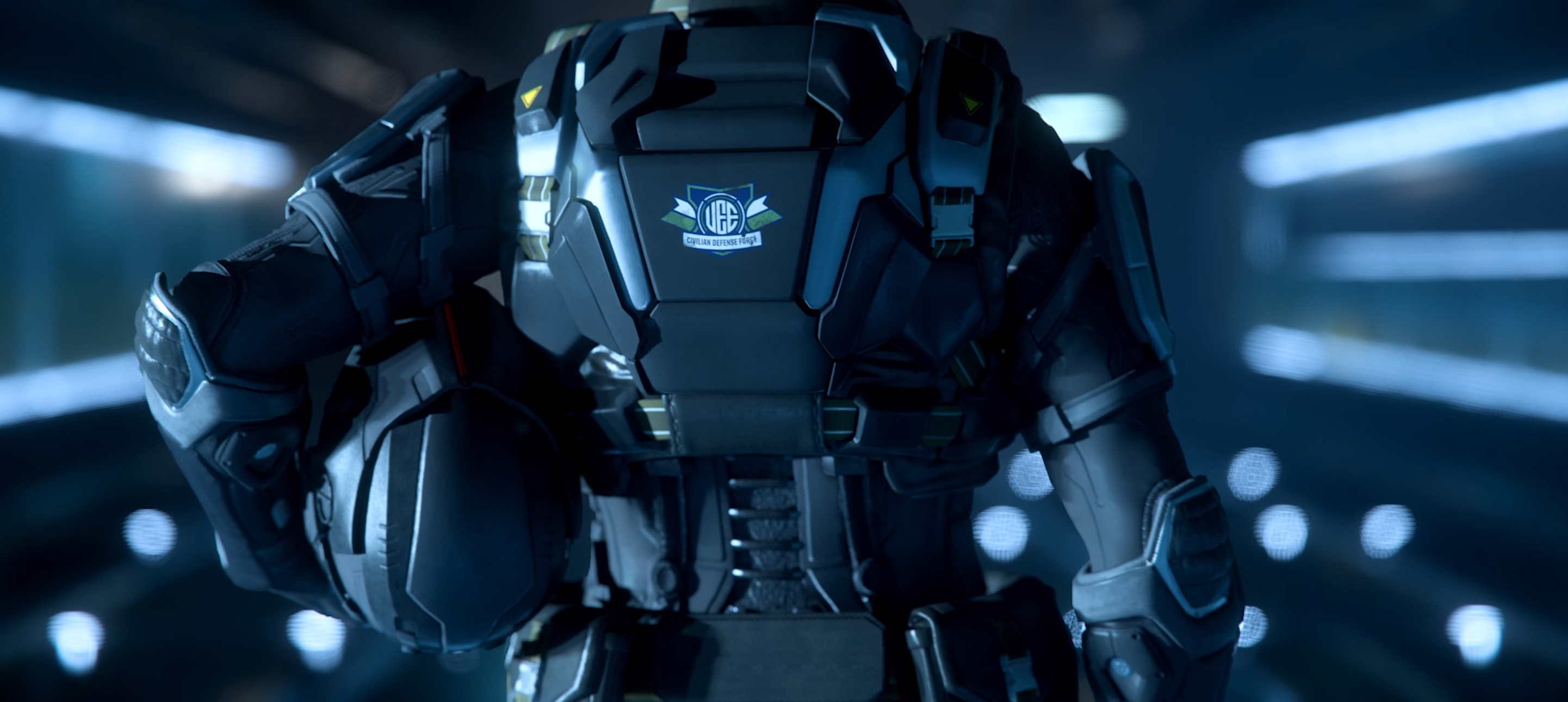 Man with armor of civilian defence force in star citizen.