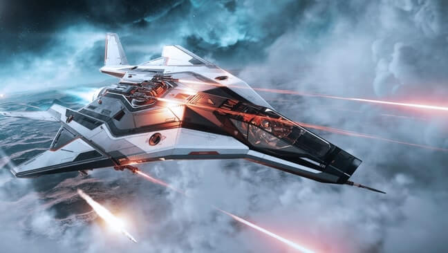 A futuristic spaceship, reminiscent of the best starter pack in Star Citizen, firing lasers in a nebulous space environment.