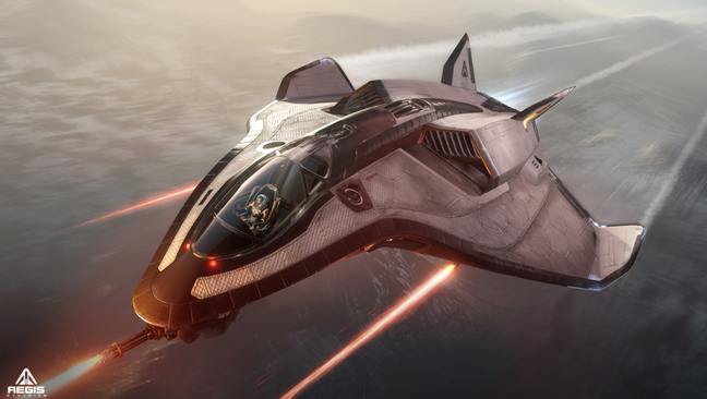 A futuristic single-pilot spacecraft, equipped with the best starter pack, flying low over a misty landscape.