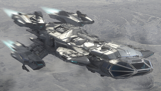 Futuristic Star Citizen spacecraft with escort flying over a barren landscape.