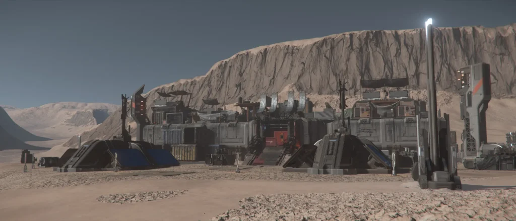 Industrial facility on a barren extraterrestrial landscape, known as Jumptown 2.1.