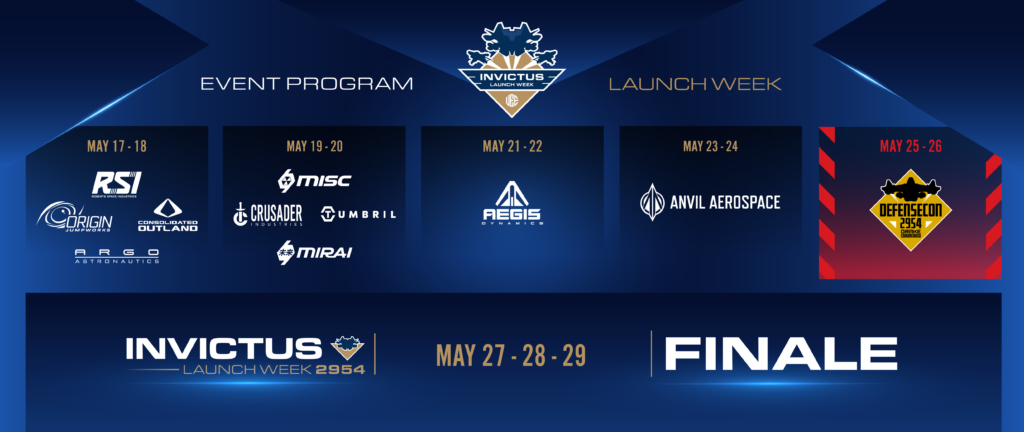 Event schedule for invictus launch week 2954, featuring logos and dates for various space-themed presentations from may 17-29.