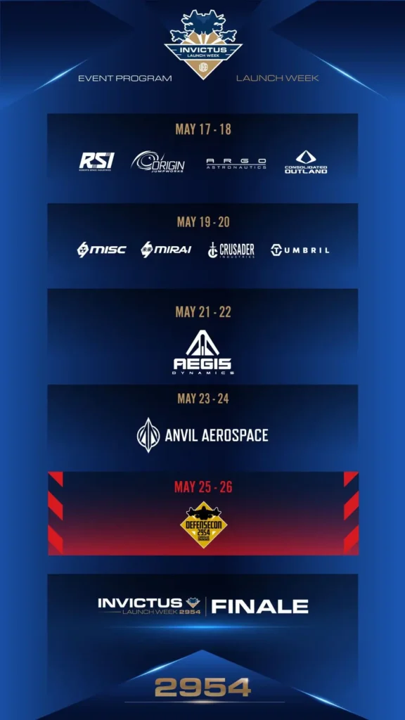 Event schedule graphic for Invictus 2954 launch week showcasing dates and logos of participating aerospace companies from May 17 to 29.