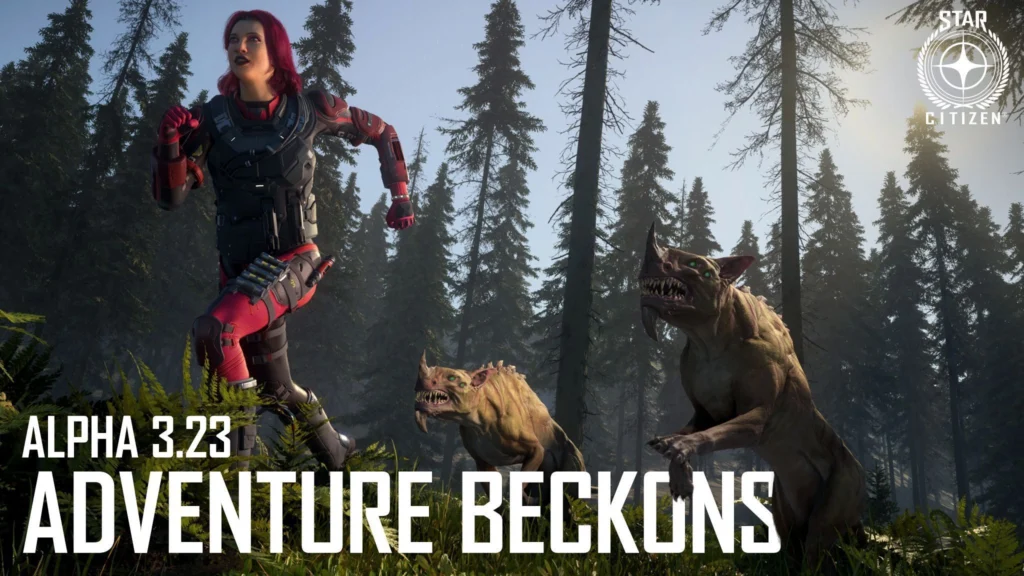 A female character with red hair in a futuristic suit stands in a forest, facing two aggressive alien creatures, with the text "Alpha 3.23 Live Update Adventure Beckons" and "Star Citizen" logo.