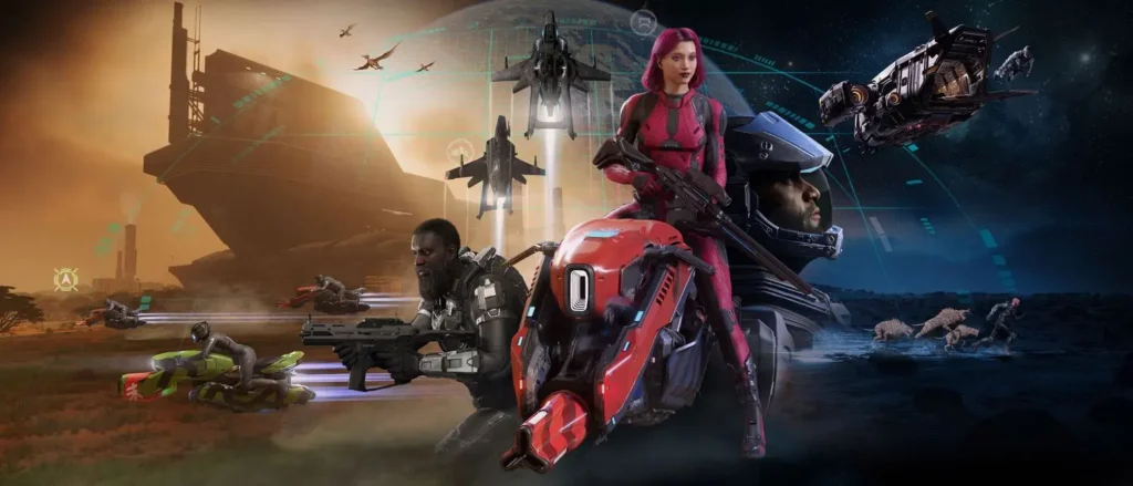 Sci-fi scene with diverse characters in futuristic armor, one on a hoverbike, with spaceships and a distant planet in the background; enhanced for SEO.